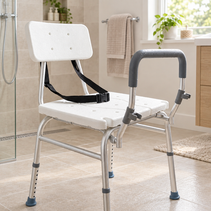 Sliding tub transfer bench in a bright accessible home bathroom
