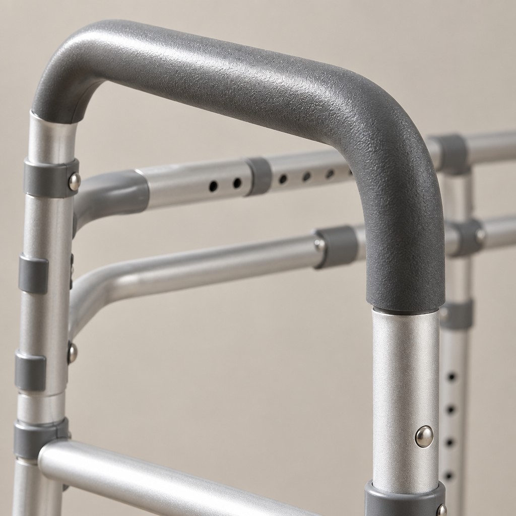 Close-up detail of folding toilet safety rail hinge and padded grip