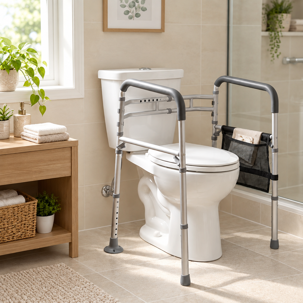 Folding toilet safety rail installed in a bright home bathroom
