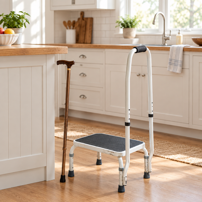 Step stool with support handle in a bright tidy home kitchen