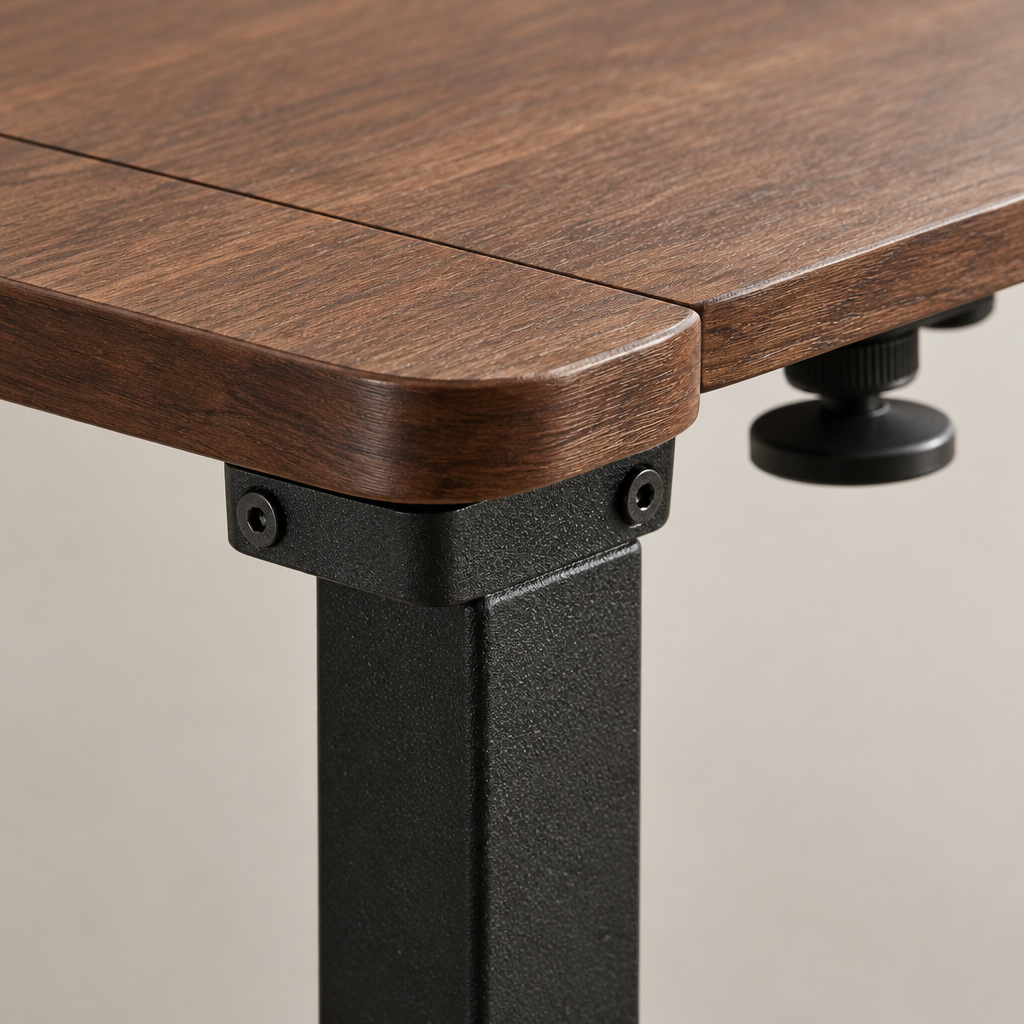 Close-up detail of tilting overbed table top surface and tilt mechanism