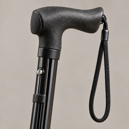 Close-up detail of folding walking cane handle and shaft joint
