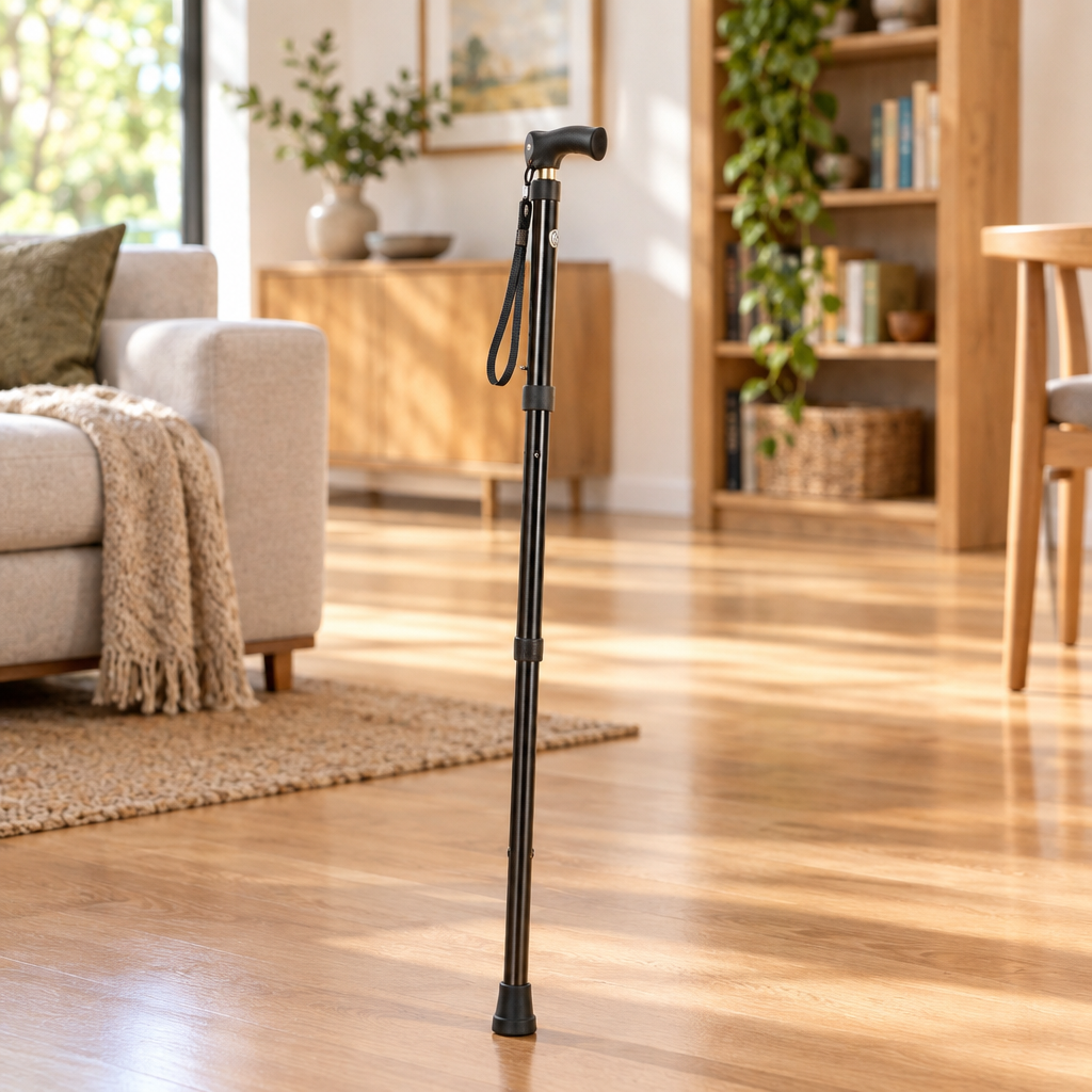 Folding walking cane in a bright uncluttered home interior
