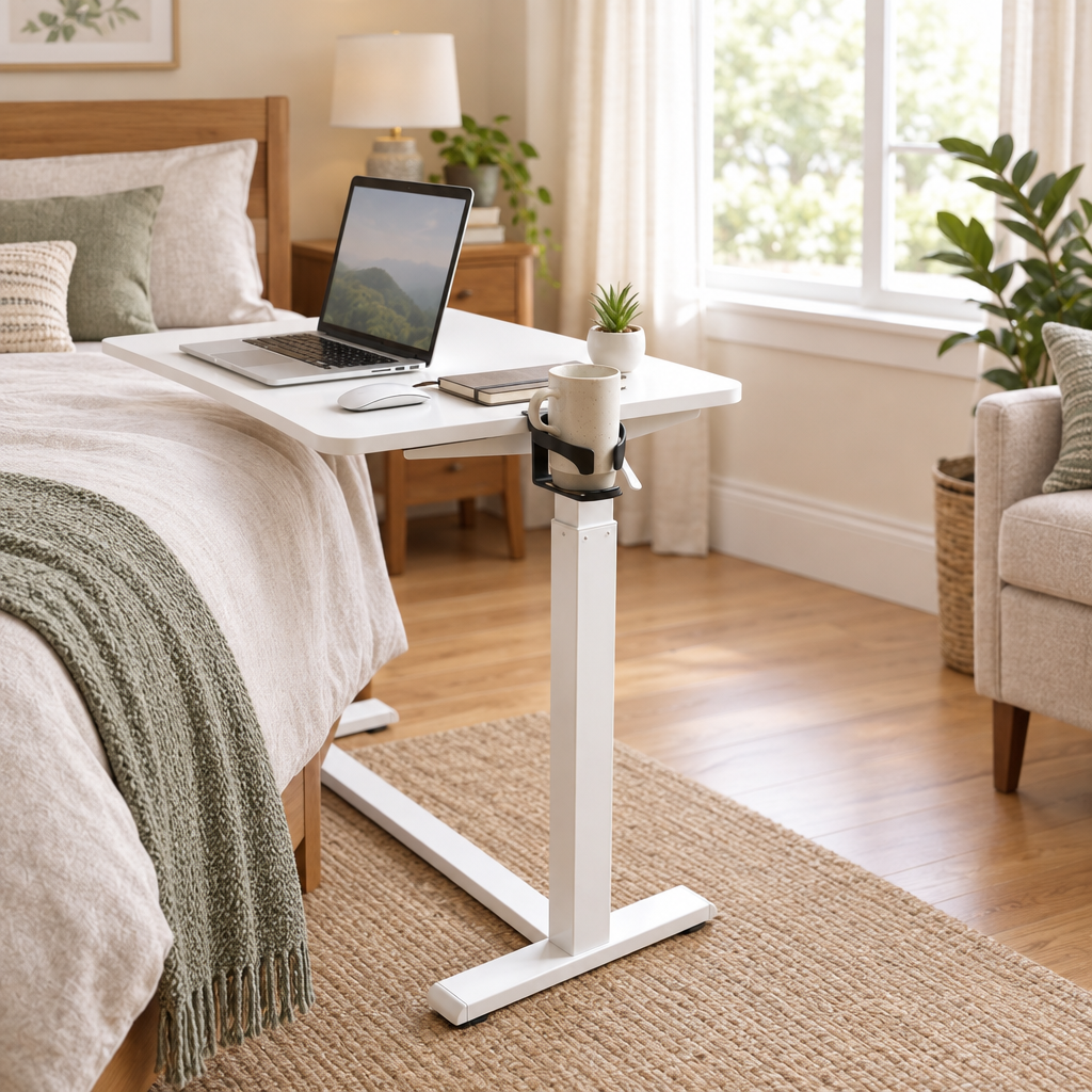 Adjustable overbed table positioned beside a bed in a home bedroom