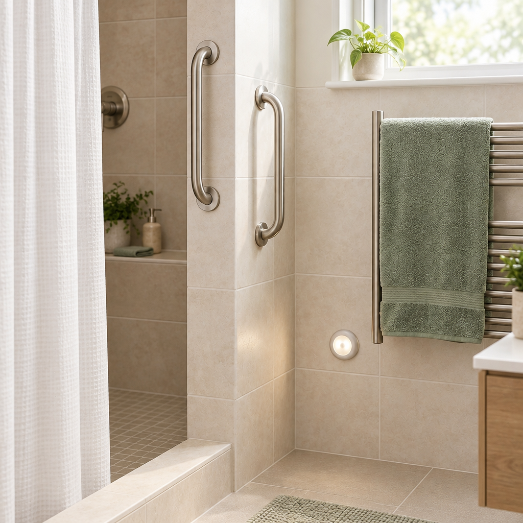 Bathroom safety starter kit set up in a bright accessible bathroom