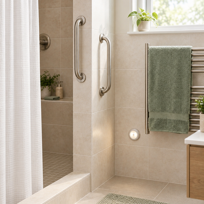 Bathroom safety starter kit set up in a bright accessible bathroom