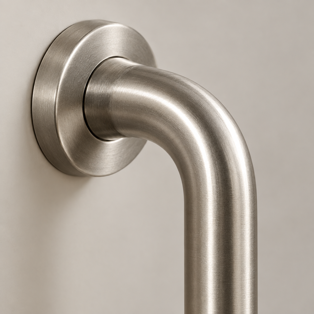 Close-up detail of bathroom safety kit component surface and finish