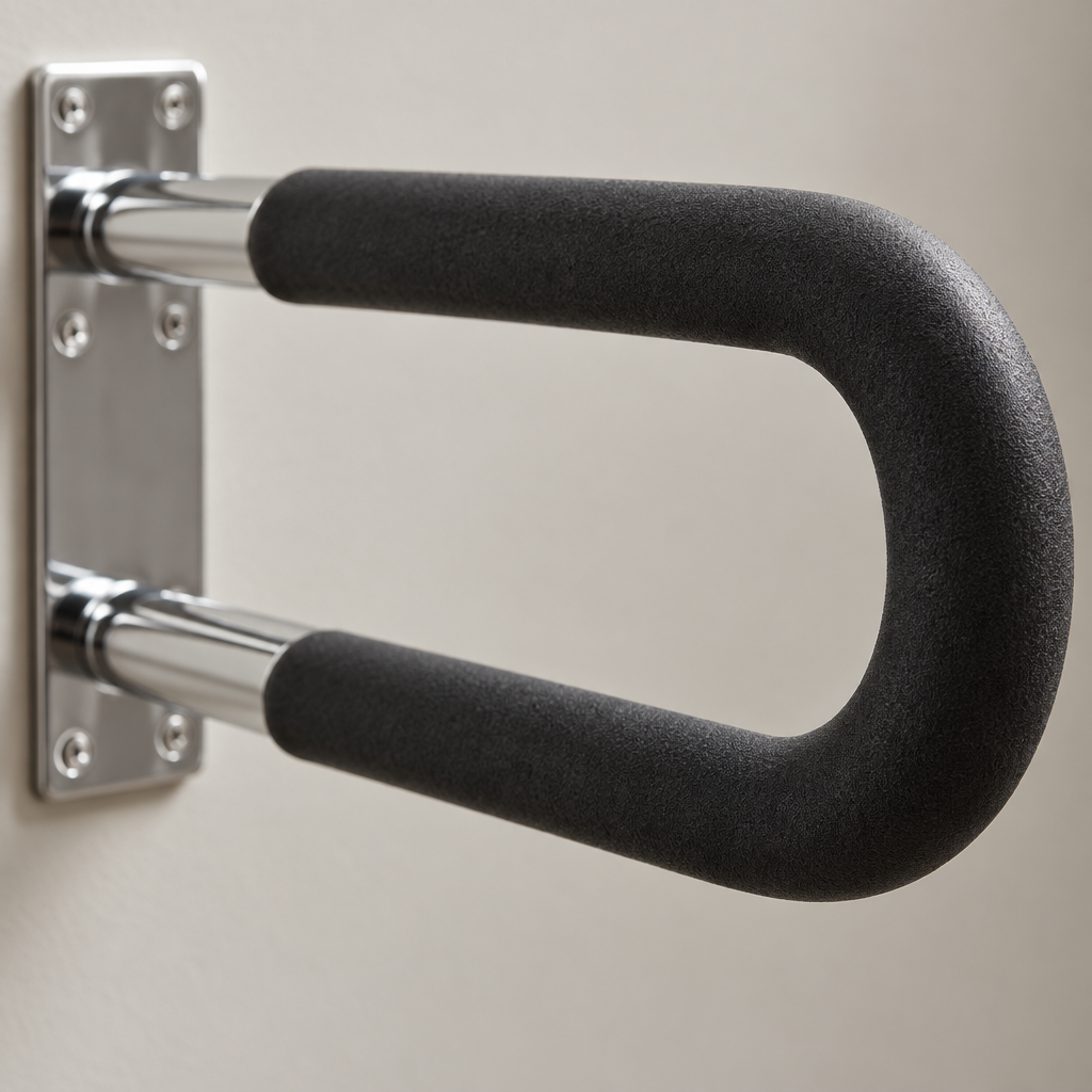 Close-up detail of flip-up grab bar hinge and mounting plate
