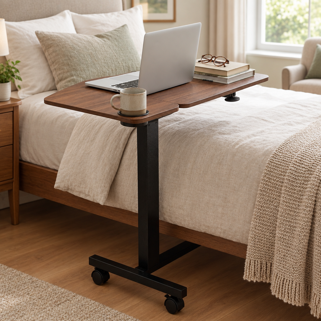 Deluxe tilting overbed table beside a bed in a calm home bedroom