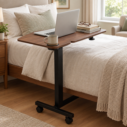 Deluxe tilting overbed table beside a bed in a calm home bedroom