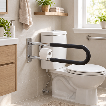 Flip-up toilet grab bar mounted in a bright accessible bathroom