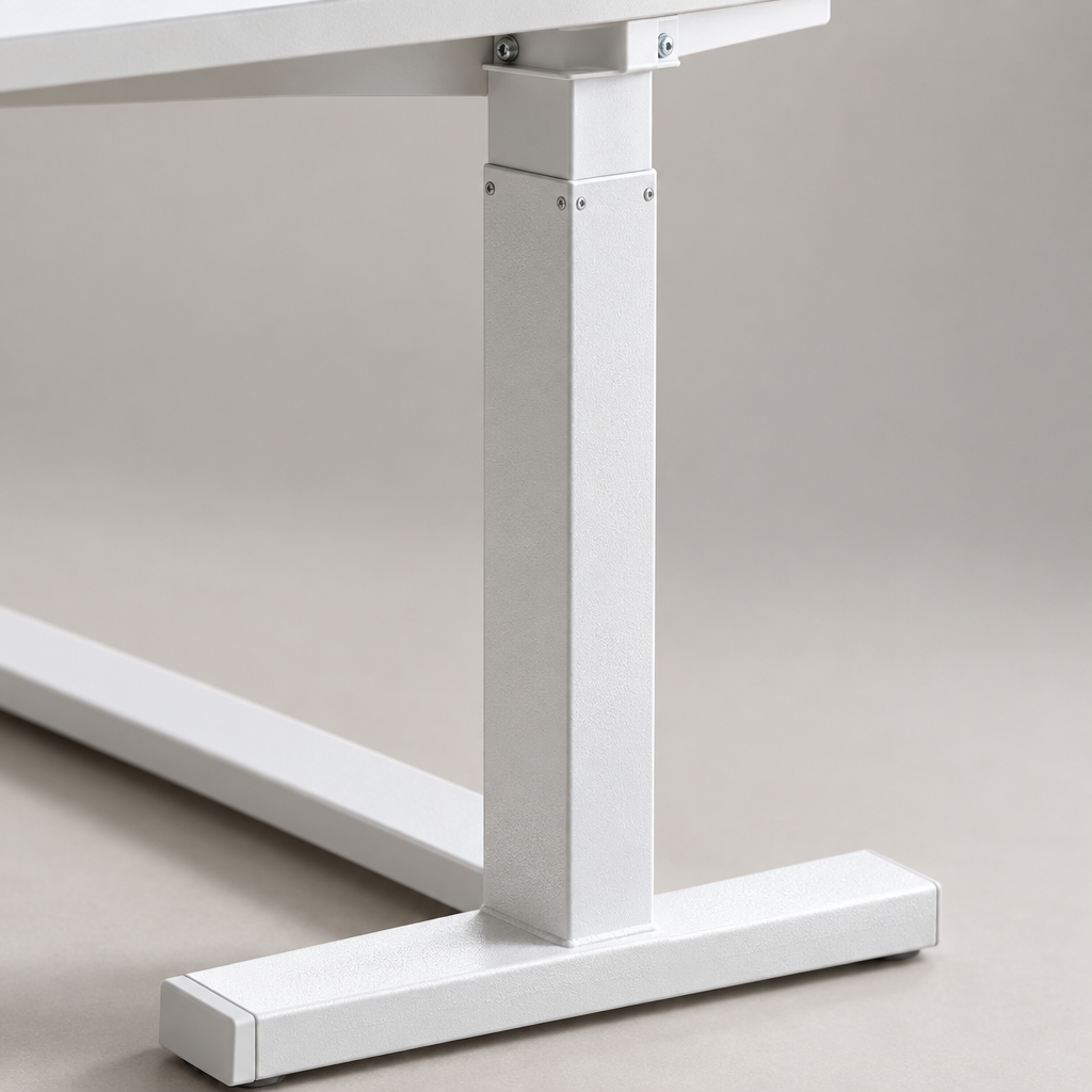 Close-up detail of adjustable overbed table height column and base