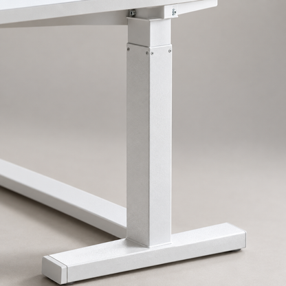 Close-up detail of adjustable overbed table height column and base