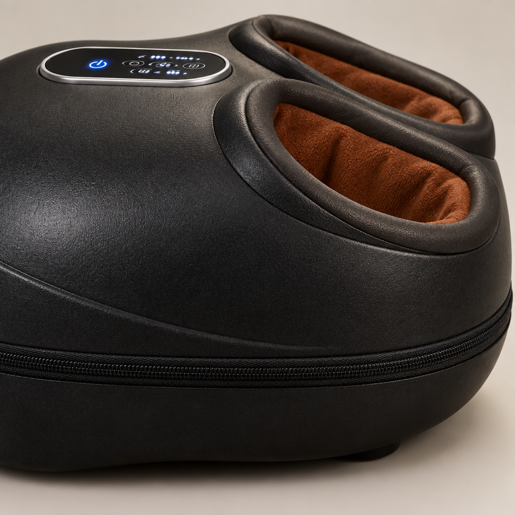 Close-up detail of heated foot massager fabric and housing