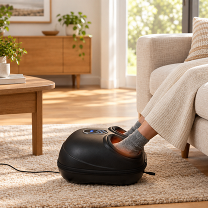 Heated foot massager in a bright home living room