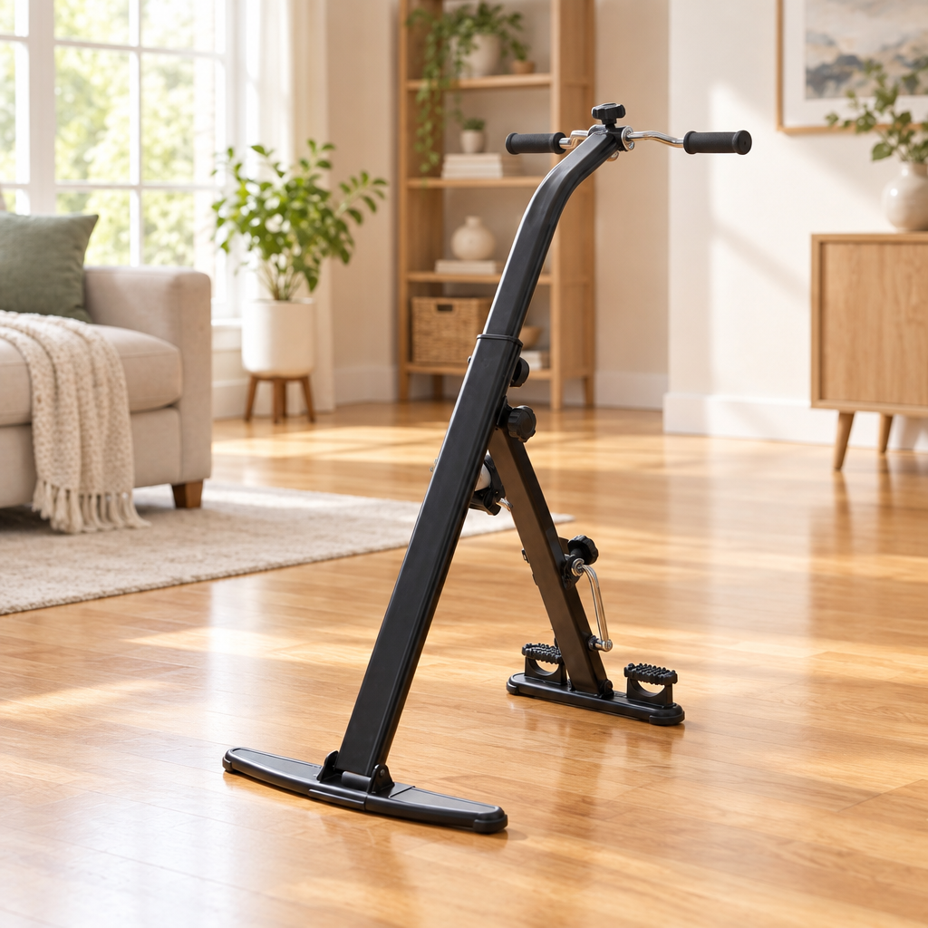 Seated pedal exerciser with LCD monitor in a bright home room