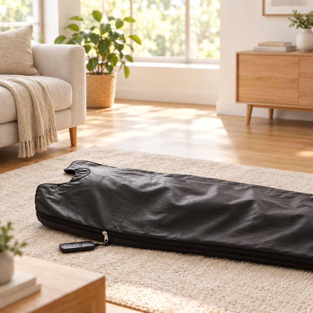 Far-infrared sauna blanket in a bright home interior