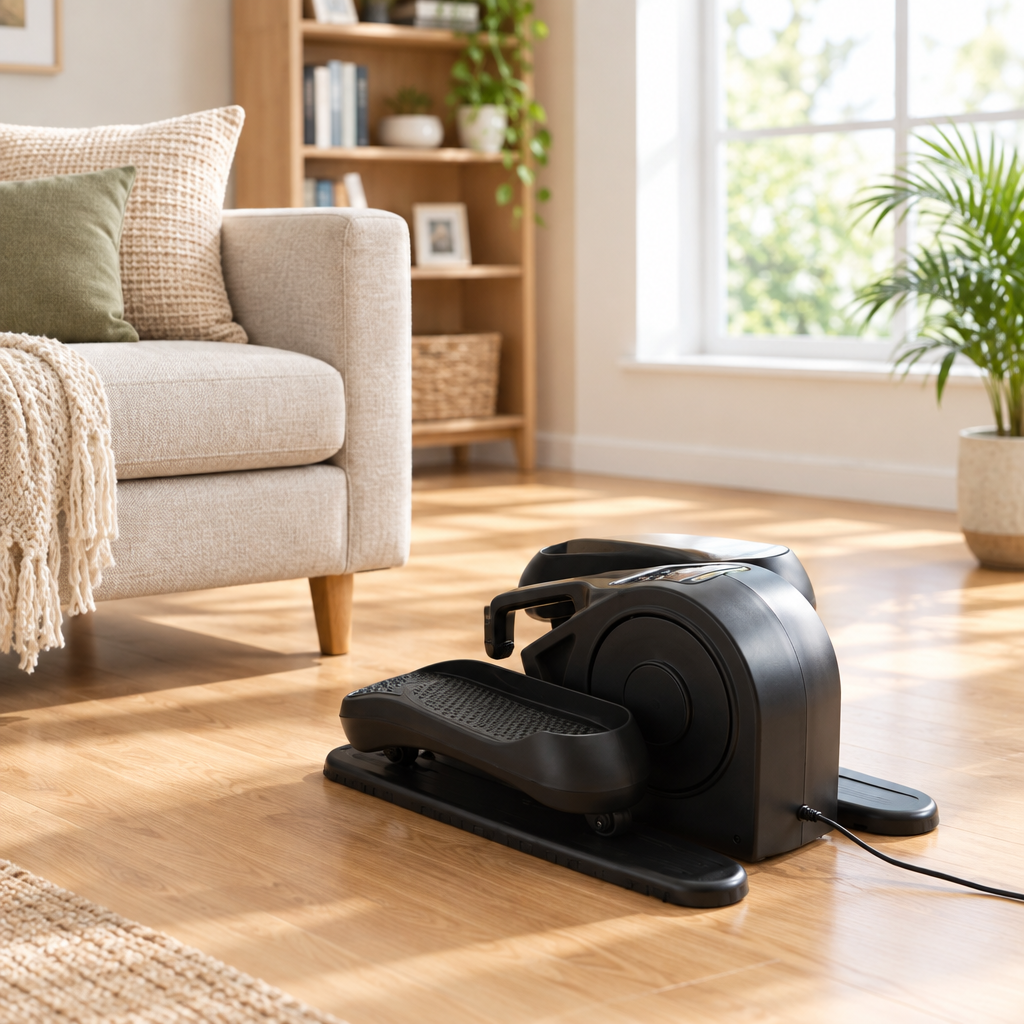 Motorized mini pedal exerciser on a clear home floor