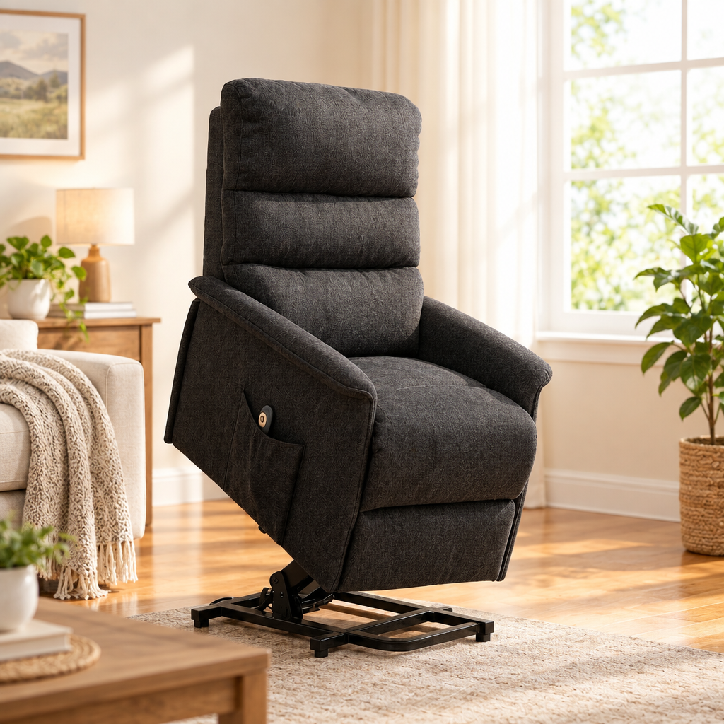 Deluxe black power lift recliner in a bright open living room