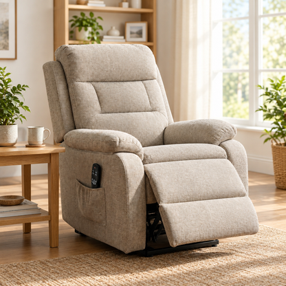 Compact brown velvet power lift recliner in a bright living room