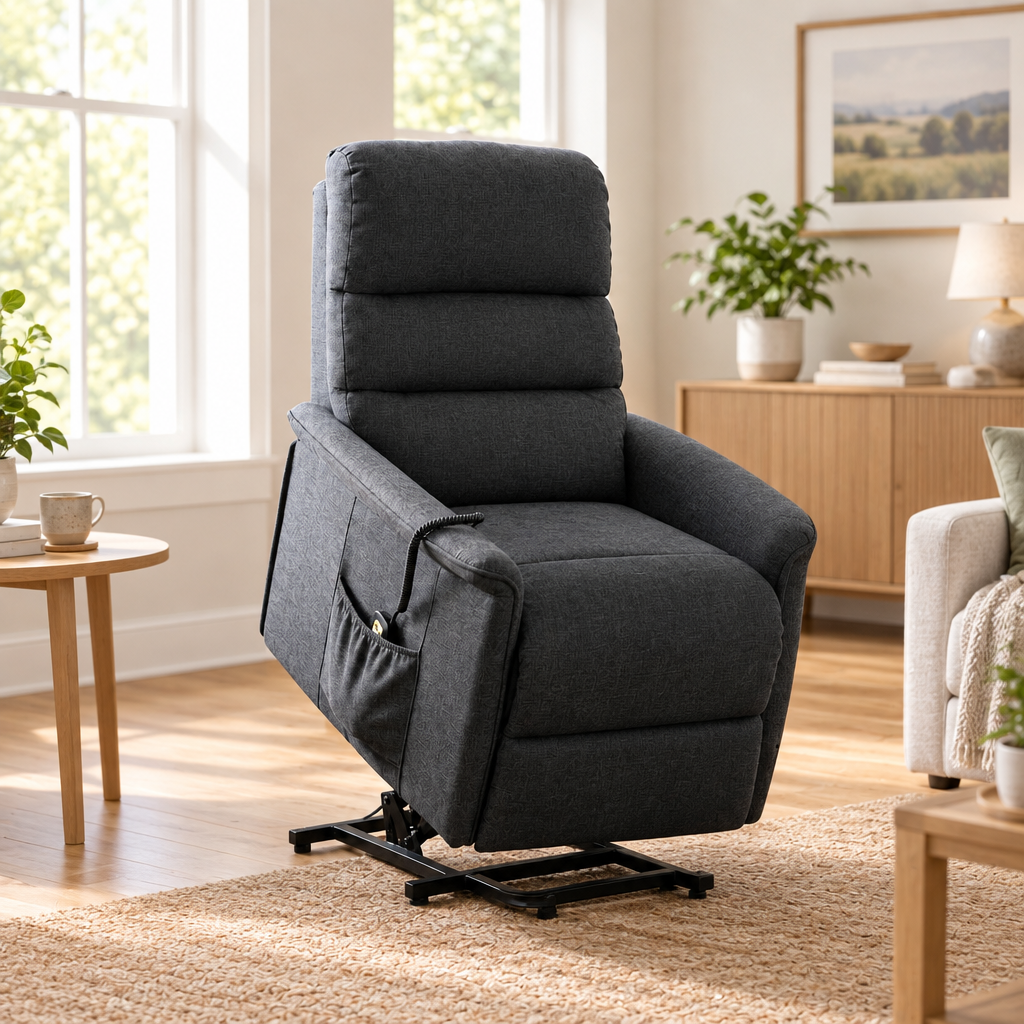 Classic black power lift recliner in a bright home living space