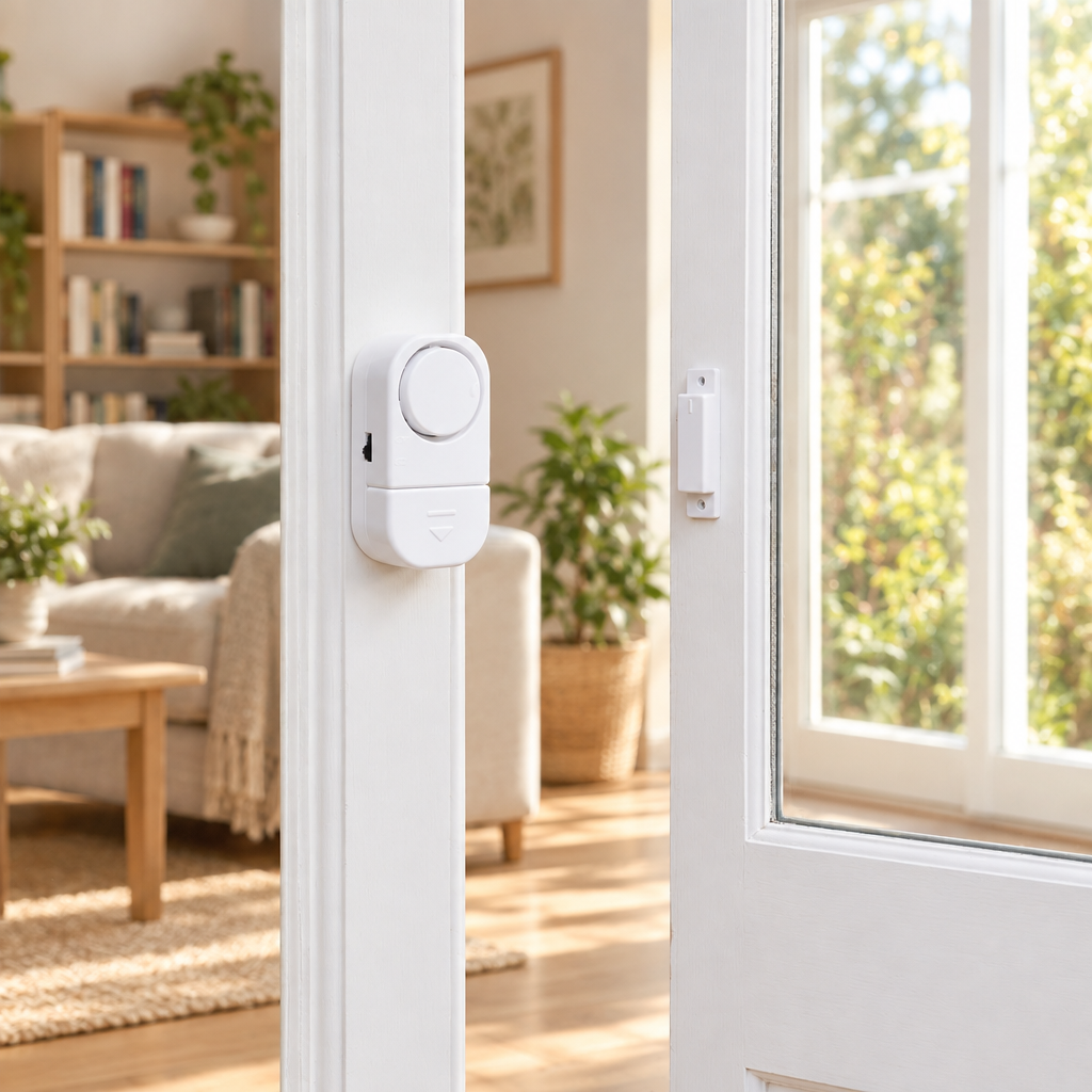 Wireless door and window alarm sensors shown in a bright home interior