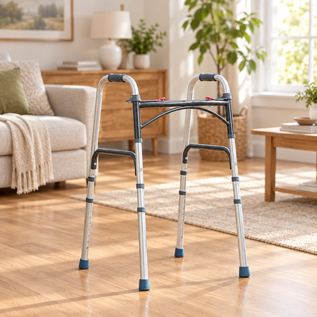 Lightweight folding walker standing in a bright open home interior