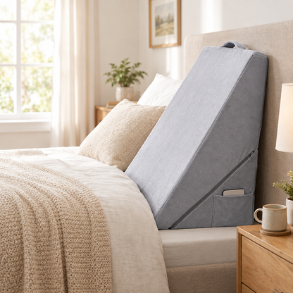 Adjustable orthopedic bed wedge pillow in a bright home bedroom