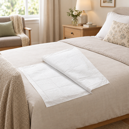 Super-absorbent disposable underpads shown in a calm home bedroom
