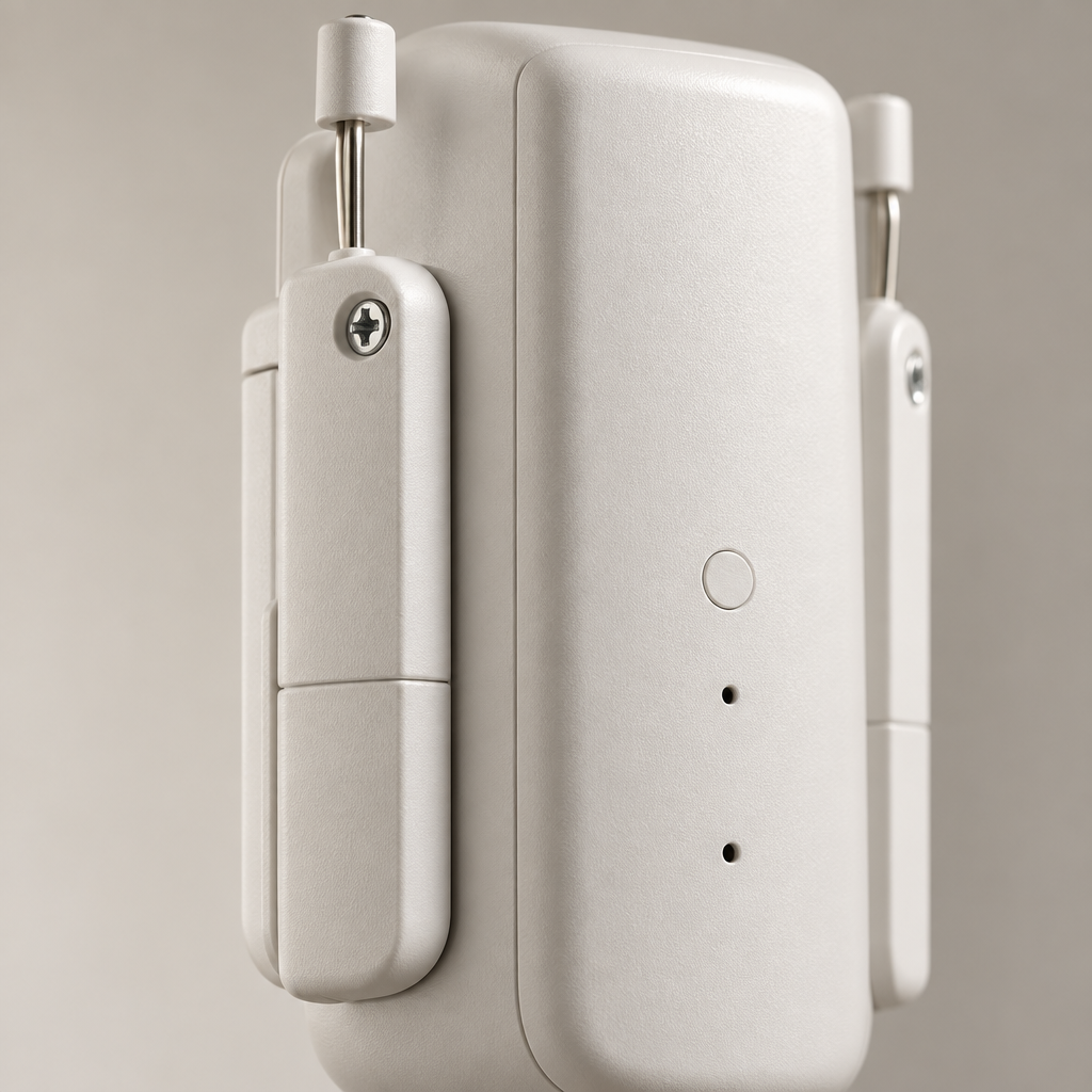 Close-up detail of smart curtain opener housing and drive mechanism