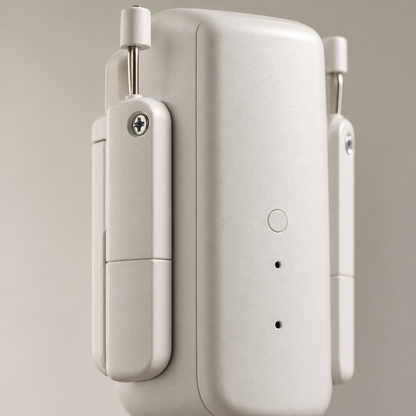 Close-up detail of smart curtain opener housing and drive mechanism