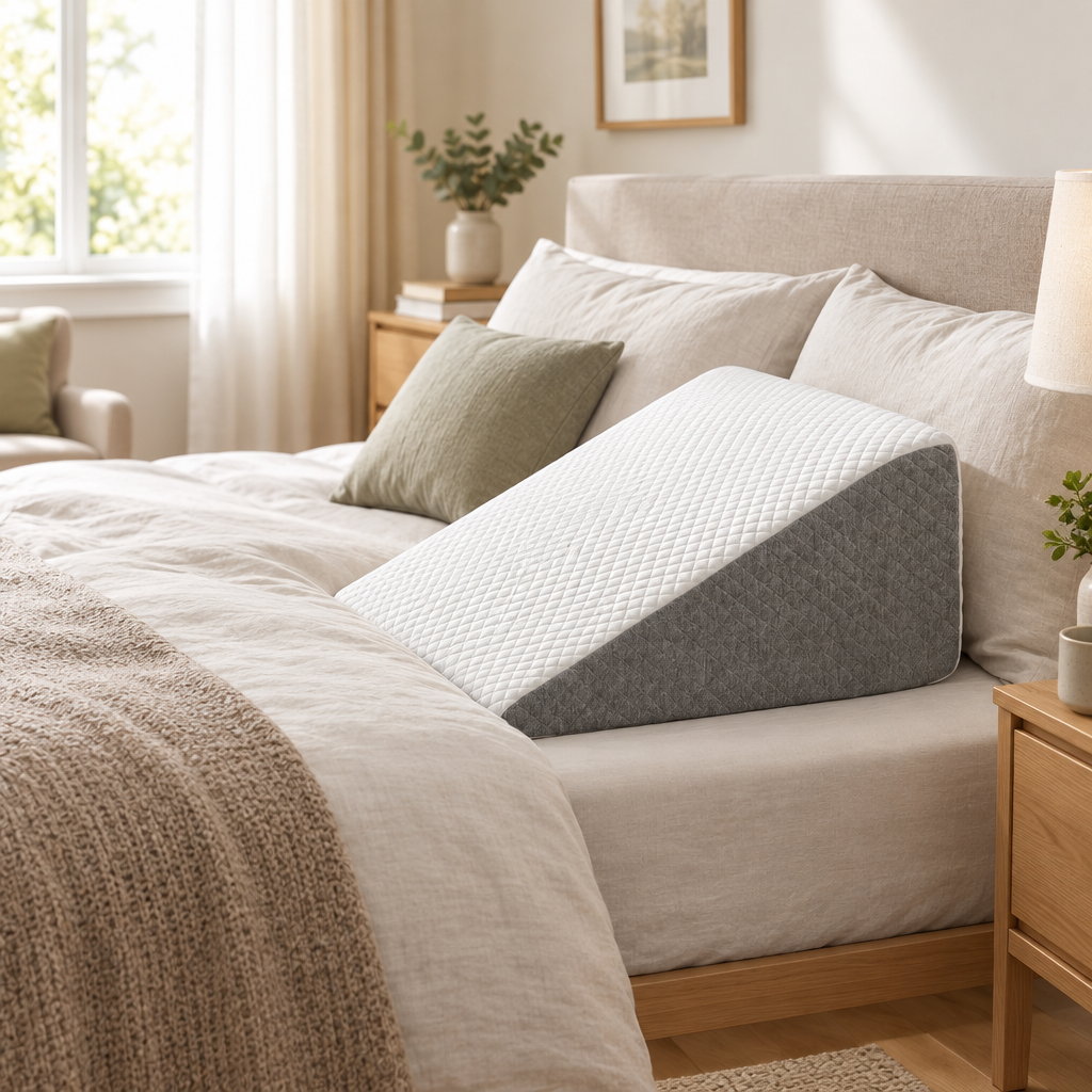 Foam wedge support pillow on a bed in a calm home bedroom