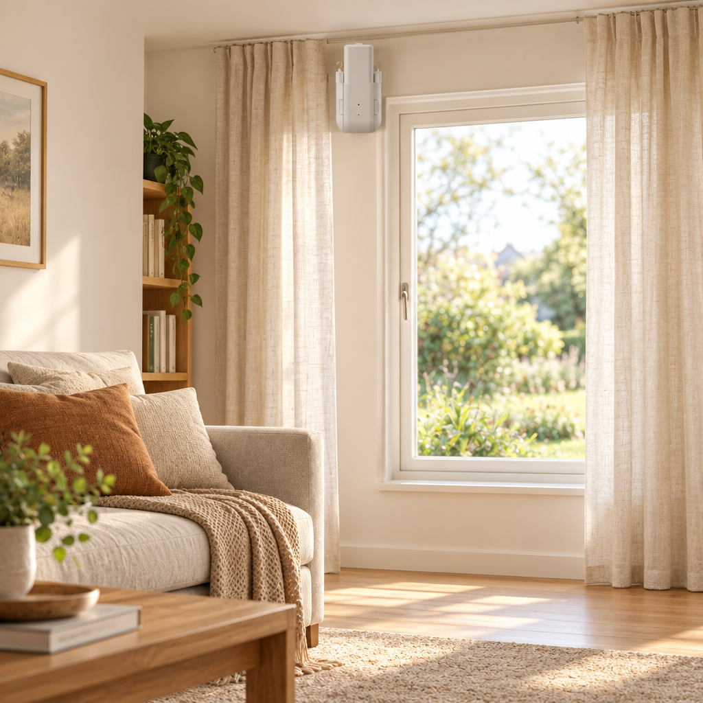 Smart automatic curtain opener fitted in a bright home living room