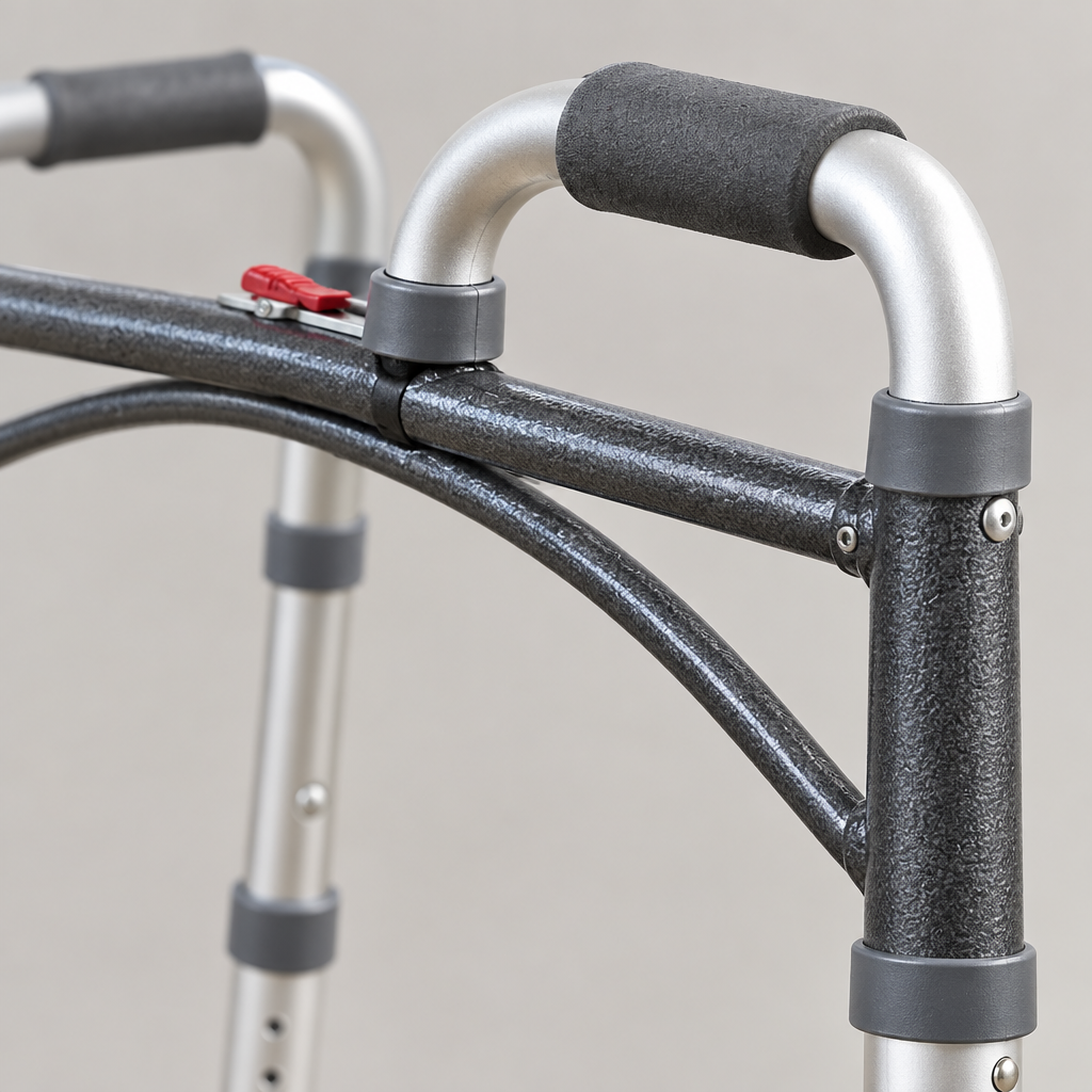 Close-up detail of folding walker frame and height adjustment