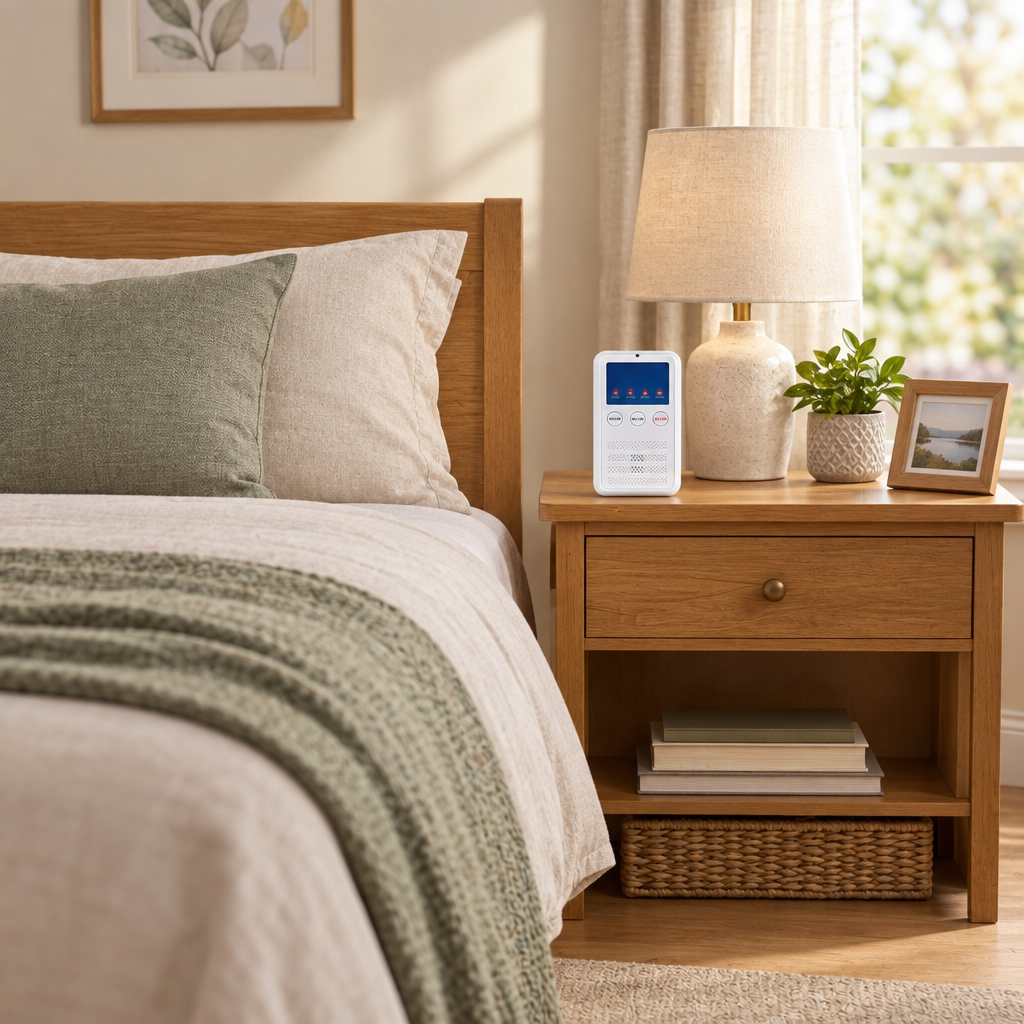 Wireless bed alarm and caregiver pager set in a home bedroom