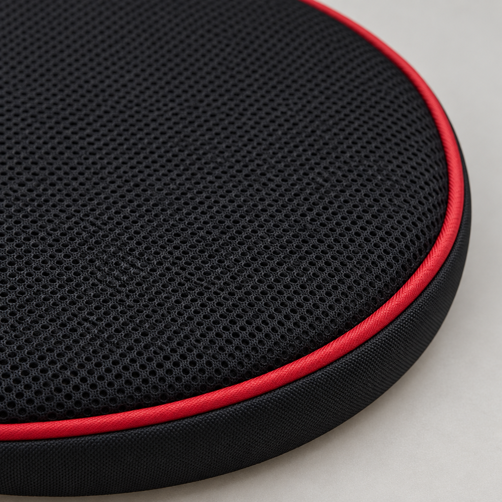 Close-up detail of swivel seat cushion fabric and rotating base