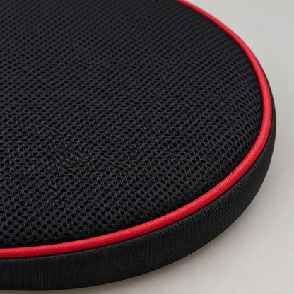 Close-up detail of swivel seat cushion fabric and rotating base