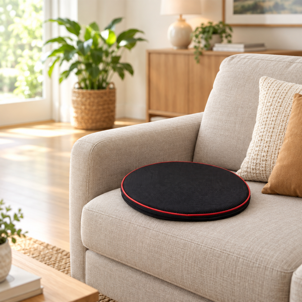 360 degree swivel seat cushion on a chair in a bright home interior