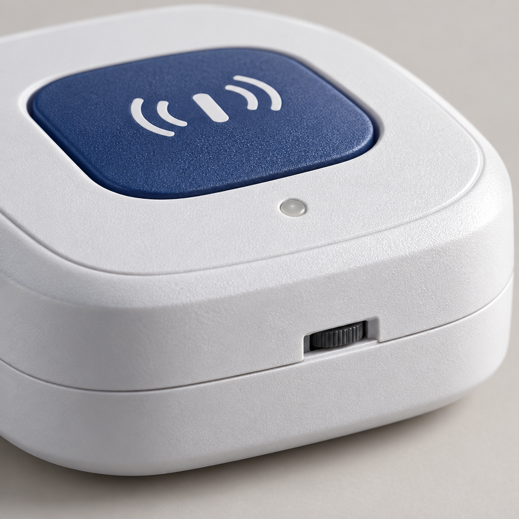 Close-up detail of bed alarm pager unit surface and controls