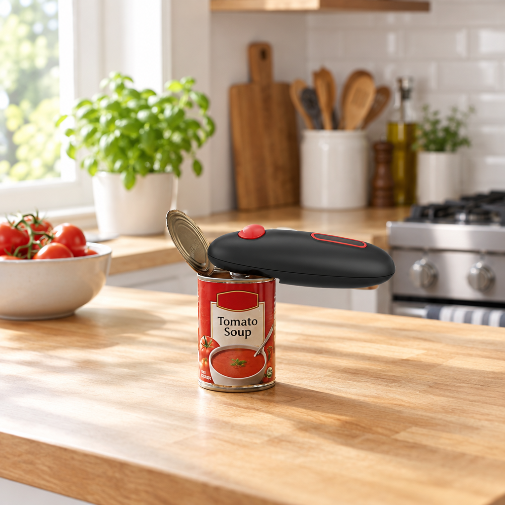 One-touch electric can opener on a tidy modern kitchen counter