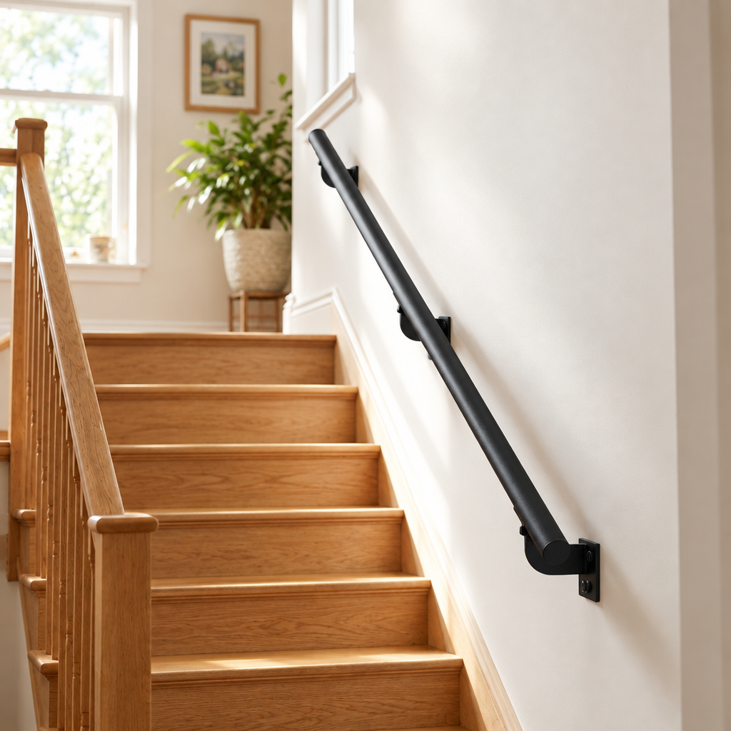 Six foot aluminium stair handrail mounted along an interior home staircase